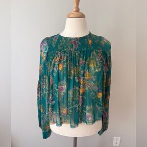 Free People Boho Floral Smocked Peasant Blouse Tassel Tie Top NWT Size Small